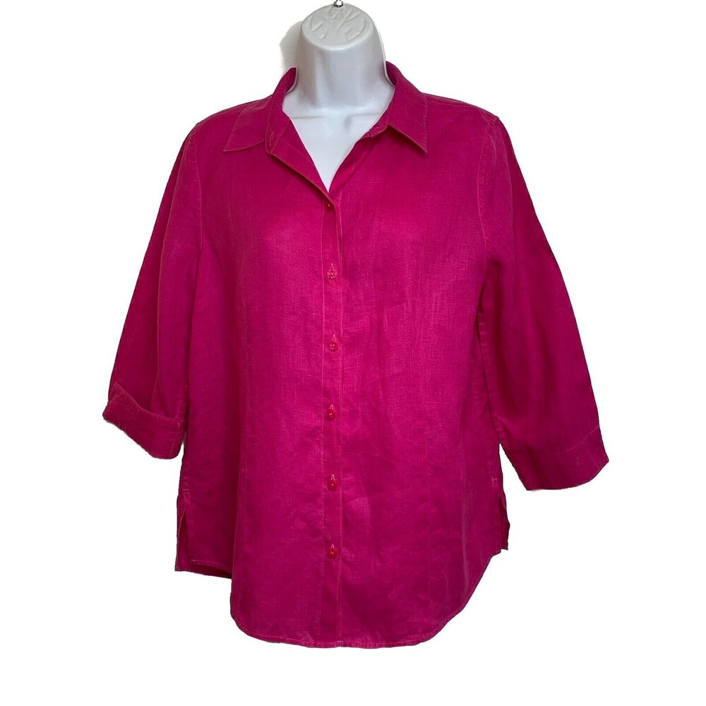 Chico's Blouse Pink Linen Button Back Detail 0 4 S (11)